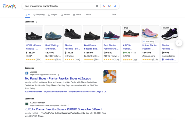 screenshot of the google search page on a laptop after searching for the phrase, "best sneakers for plantar fasciitis"