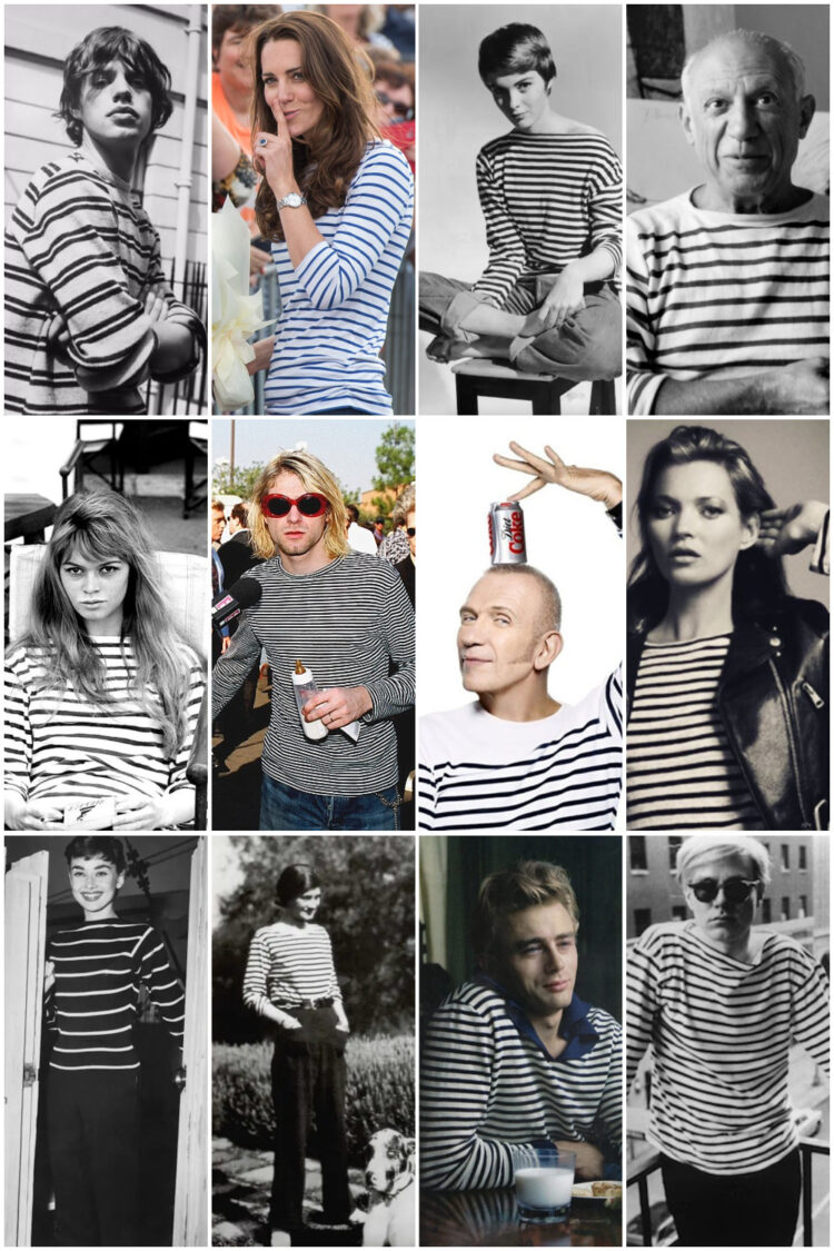 famous celebrities wearing Breton striped shirts incoluding Kate Middleton, Andy Warhol, Coco Chanel, Audrey Hepburn, Kurt Cobain, Kate Moss, and Brigitte Bardot