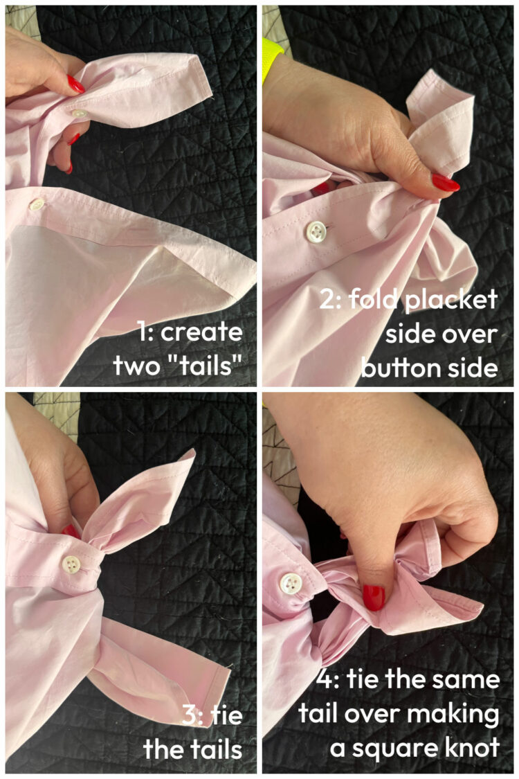 How to tie your shirt: proper way to square knot the bottom of a button-up shirt for women with the placket side of the shirt on top.