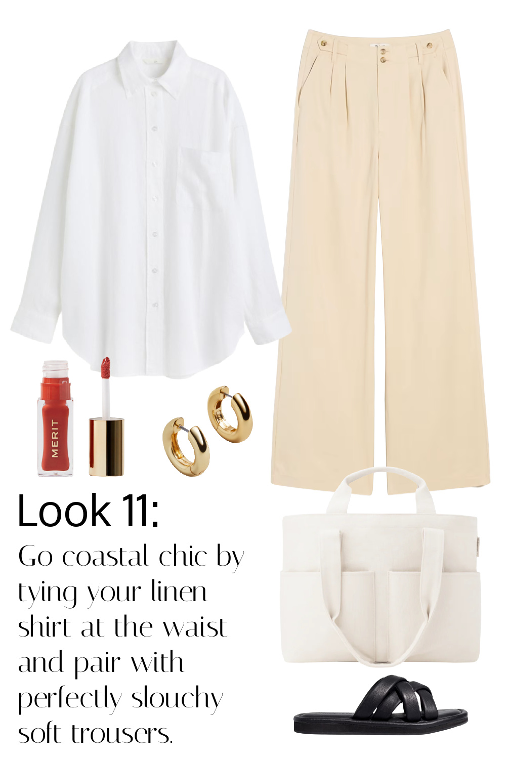 The white linen shirt is paired with the wide leg khaki trousers. Go coastal chic by tying your linen shirt at the waist and pair with perfectly slouchy soft trousers.