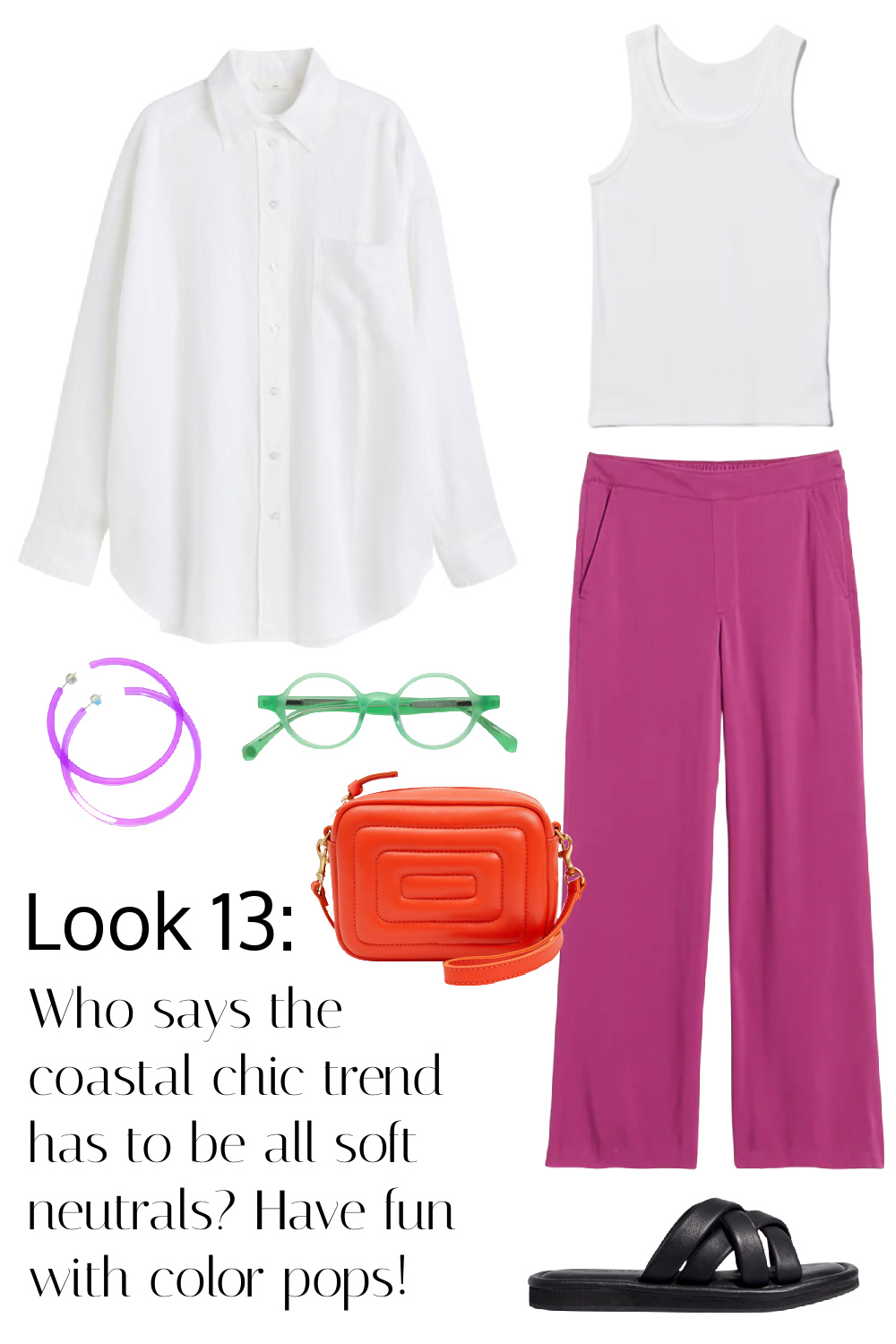 Same white linen shirt over the white tank, but this time styled with the magenta soft wide leg pants. Who says the coastal chic trend has to be all soft neutrals? Have fun with color pops!