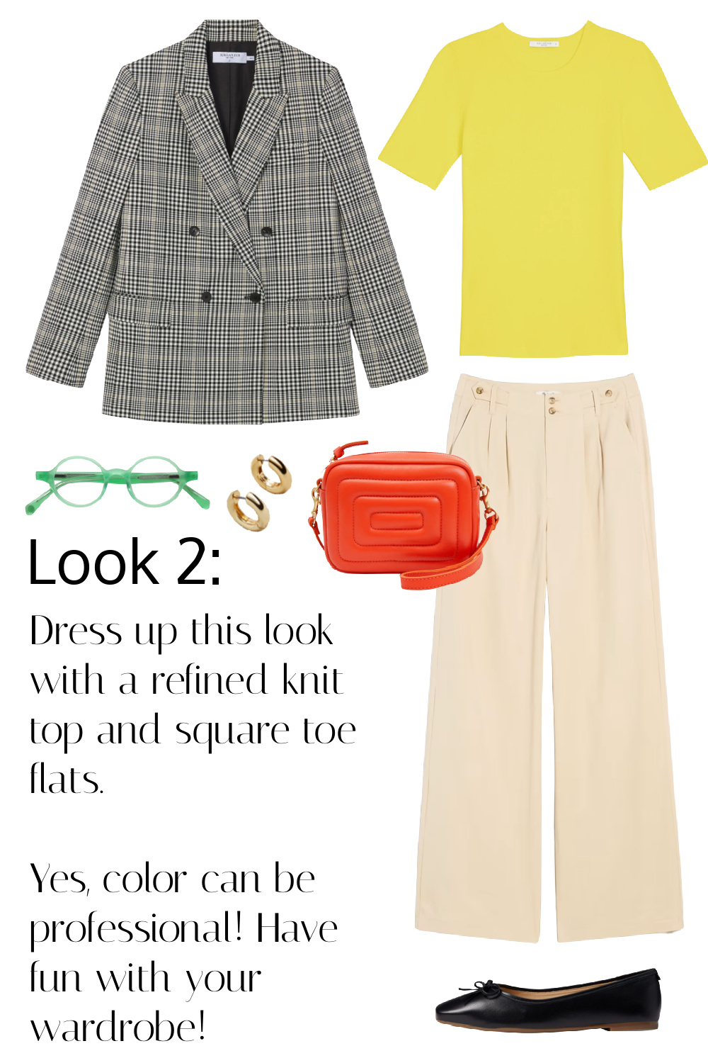 Look 2 featuring the boyfriend blazer, chartreuse top and khaki wide leg trousers. Dress up this look with a refined knit top and square toe flats. Yes, color can be professional! Have fun with your wardrobe!