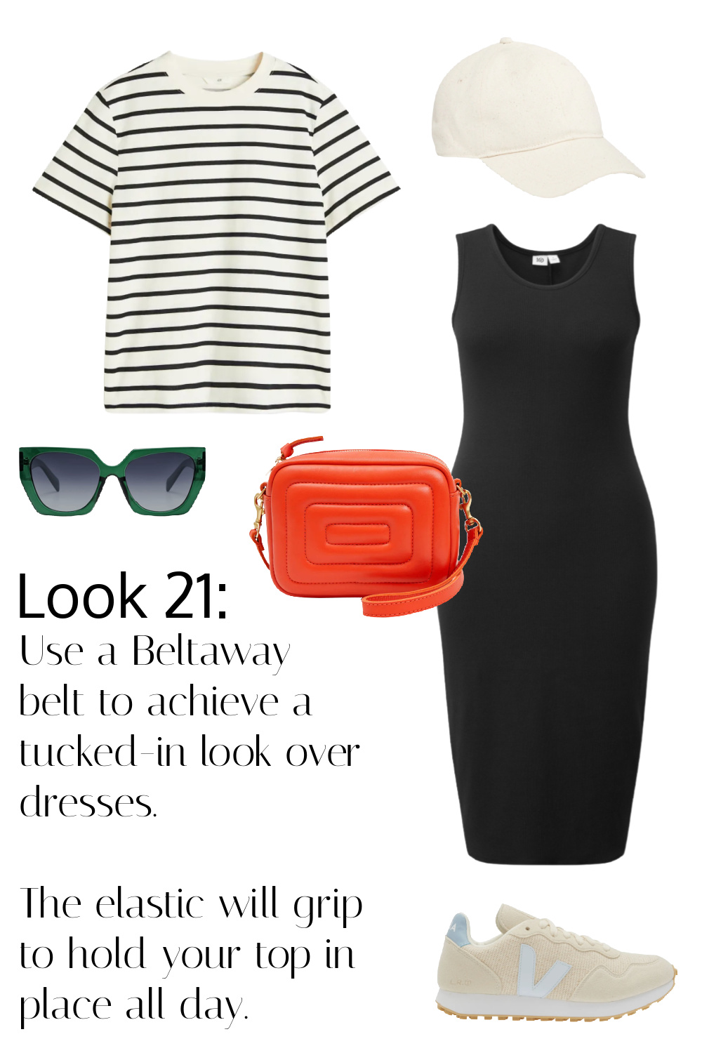 The striped tee and the black tank dress with sneakers and orange crossbody. Use a Beltaway belt to achieve a tucked-in look over dresses. The elastic will grip to hold your top in place all day.