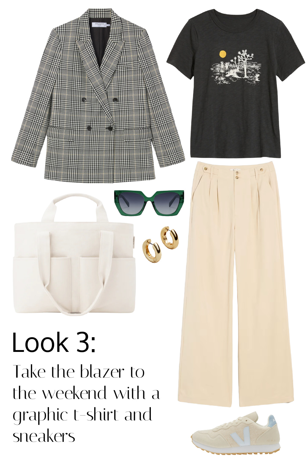 Look 2 styles the boyfriend blazer with the graphic t-shirt and khaki wide leg trousers. Take the blazer to the weekend with a graphic t-shirt and sneakers.