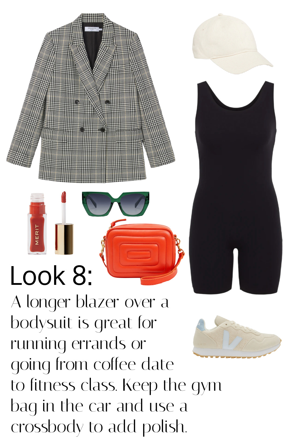 The same blazer styled over a bodyshort with sneakers, a cream canvas baseball cap, and orange leather crossbody bag. A longer blazer over a bodysuit is great for running errands or going from coffee date to fitness class. Keep the gym bag in the car and use a crossbody to add polish.