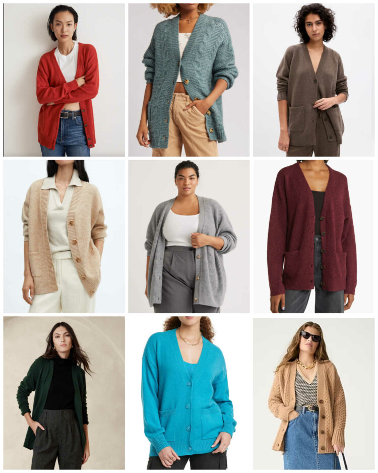 a collage of stylish cardigan sweaters for women featuring v-neck boyfriend cardigans