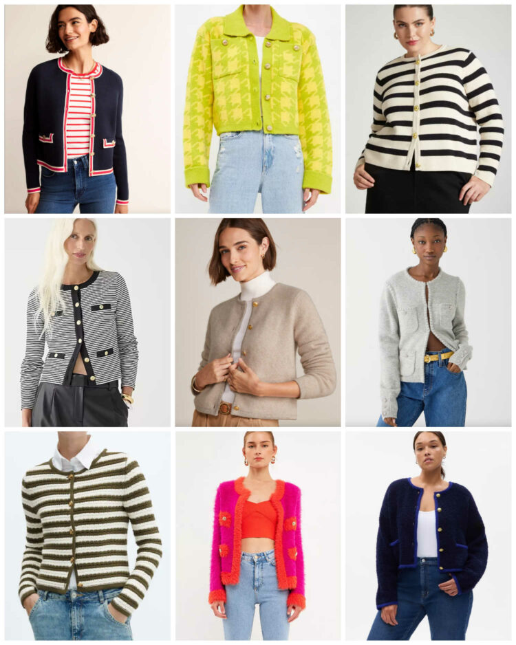 a collage of lady jacket style cardigans, a very popular cardigan sweater trend for 2023 and 2024