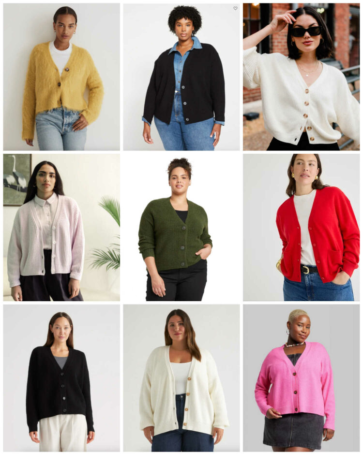 a collage of cardigans sweaters that are stylish right now. All nine are v-neck styles that are cropped to mid-hip length.
