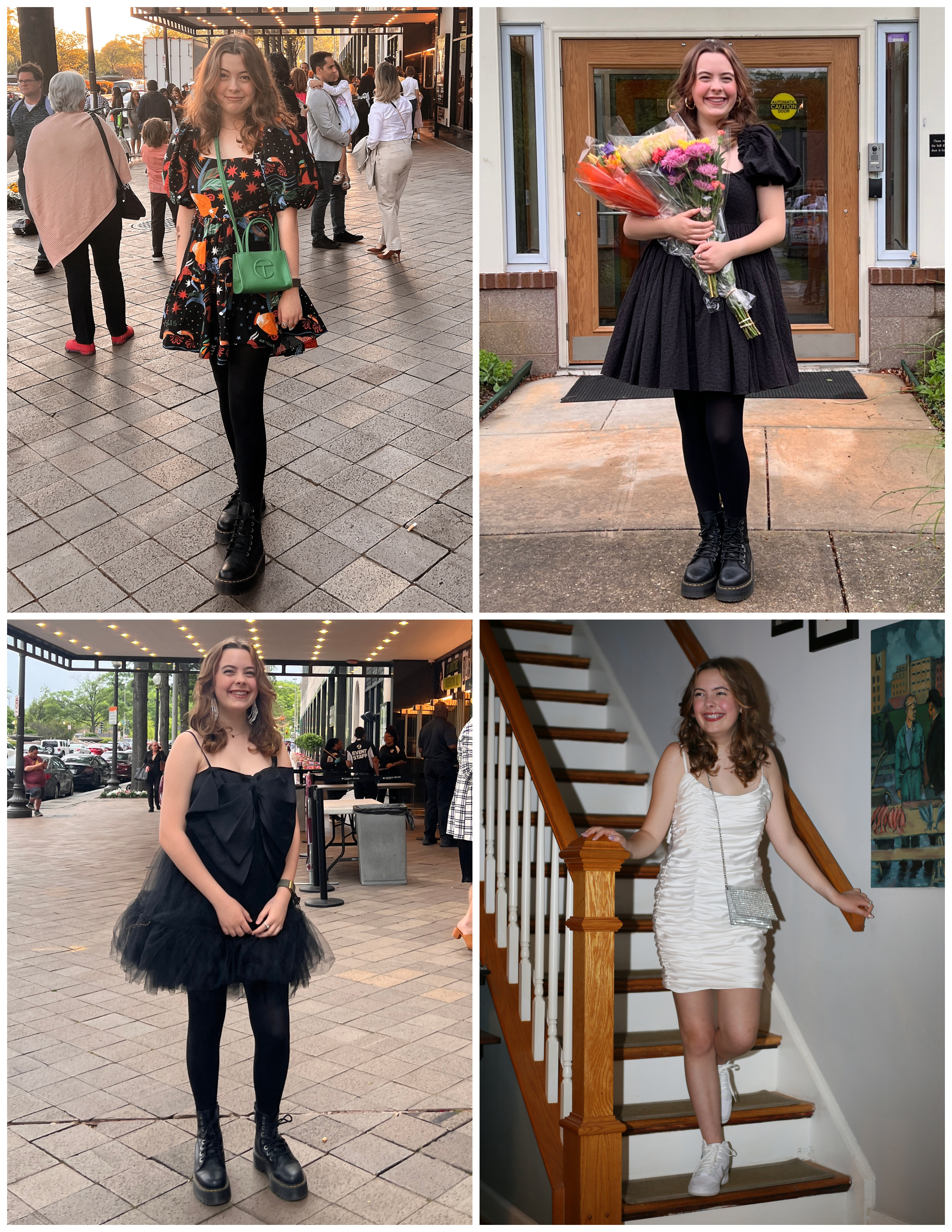 A collage of photos of my teenage daughter enjoying the dresses she rented from my Nuuly subscription.