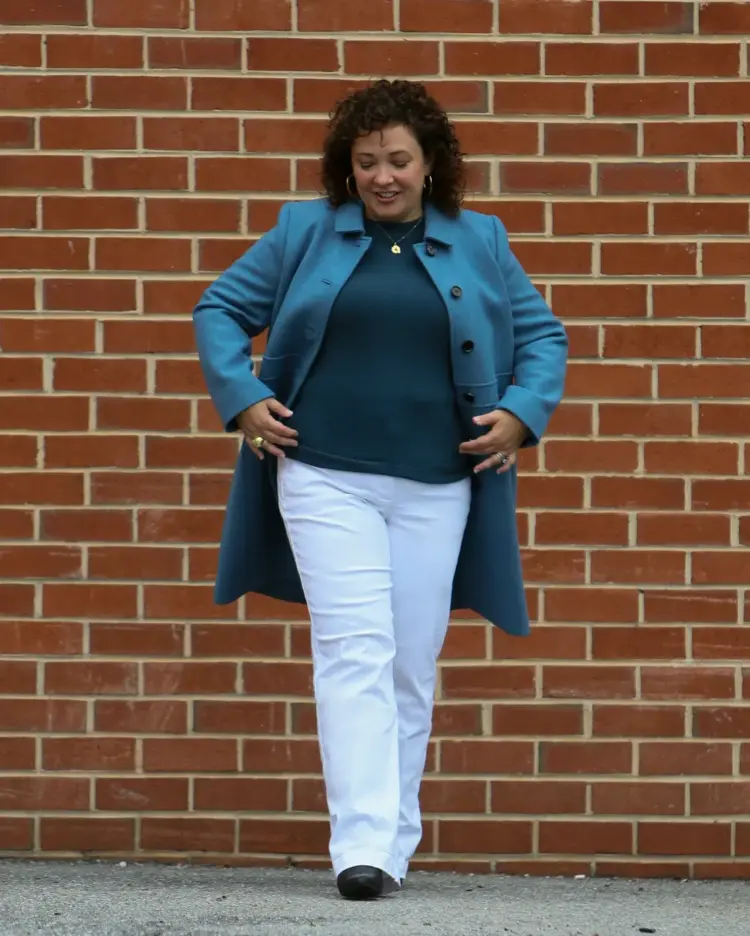 The Best Stores that Offer Petite Midsize Clothes Over Size 10 and Petite Plus Size Fashion 12 Alison in Talbots petite jeans, sweater, and coat