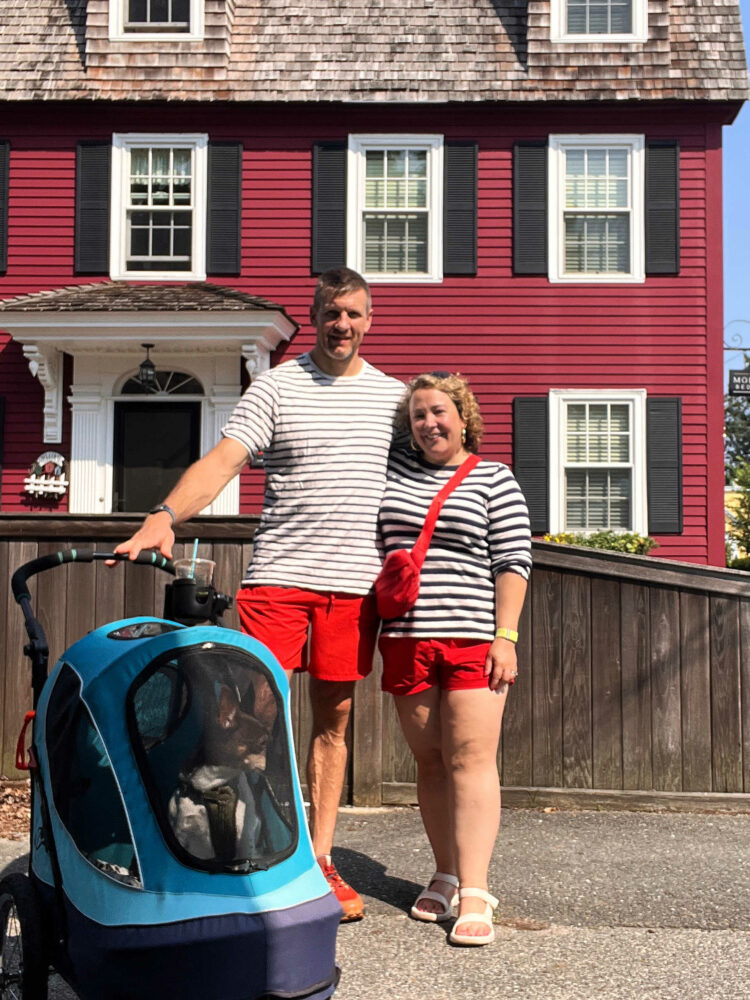 Couple matching striped top and red shorts