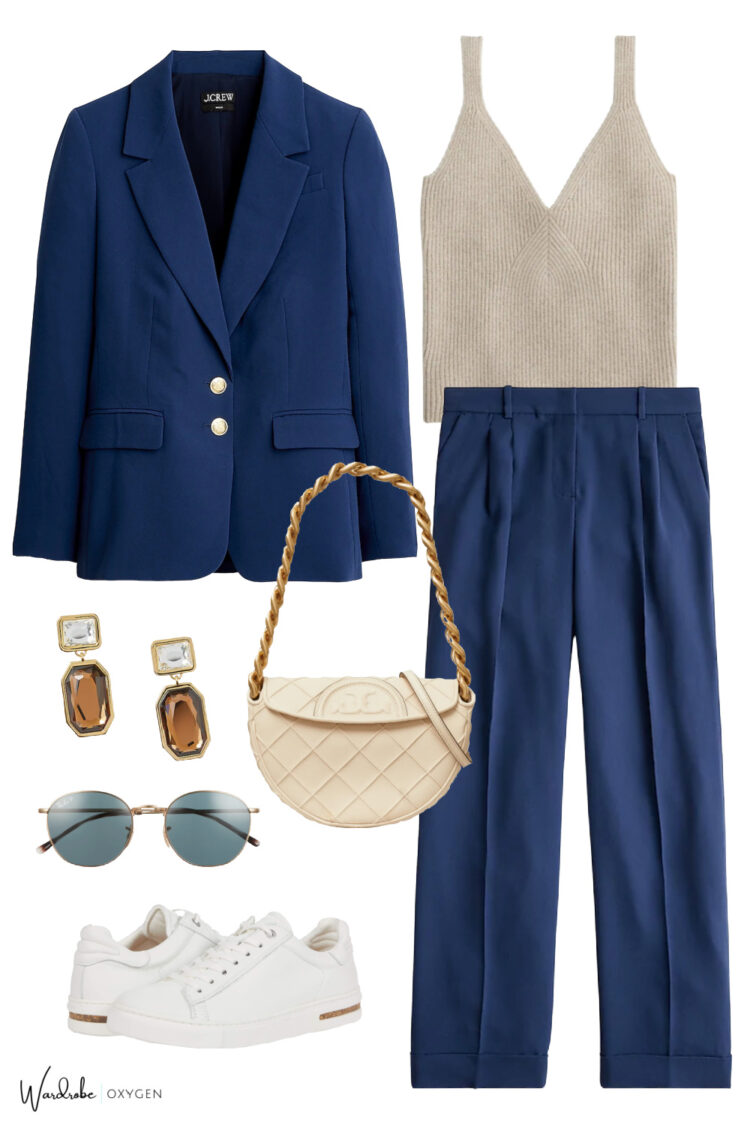 Blue suit outfit with sneakers