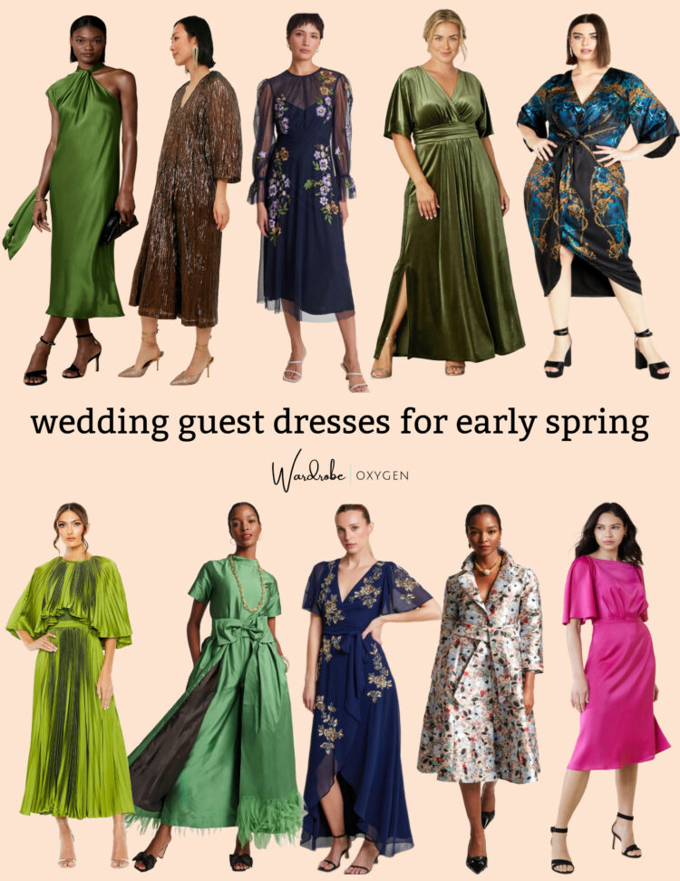 collage of 10 wedding guest dresses in plus sizes and misses with a focus on green, navy, and pink