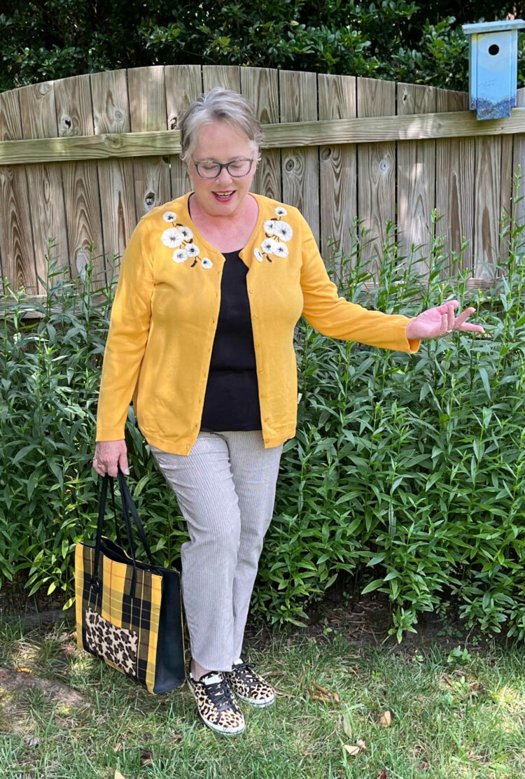 Yellow and black mini check pants outfit