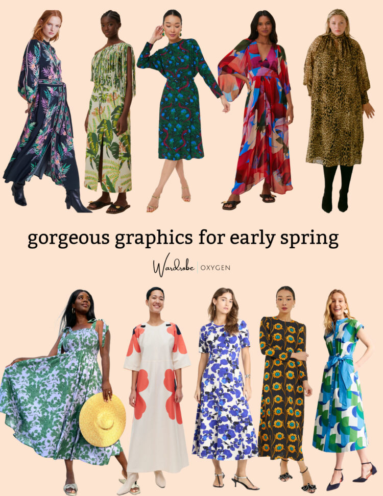 collage of graphic printed dresses for spring 2024 in misses, plus, petite, and size inclusive options