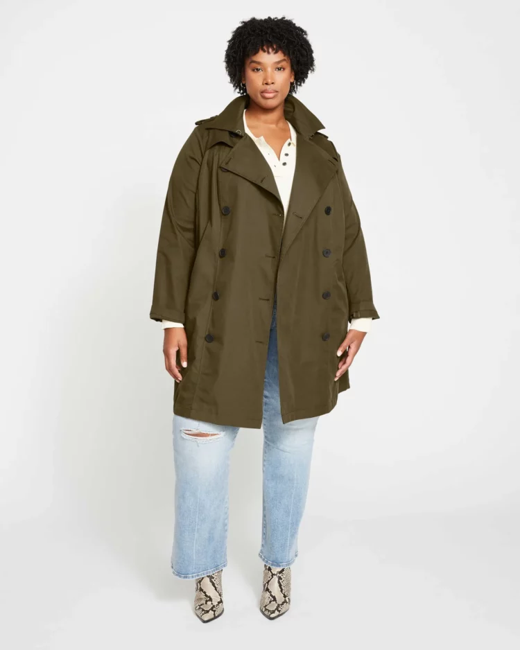 The Universal Standard Derjon Trench Coat in the color Camo