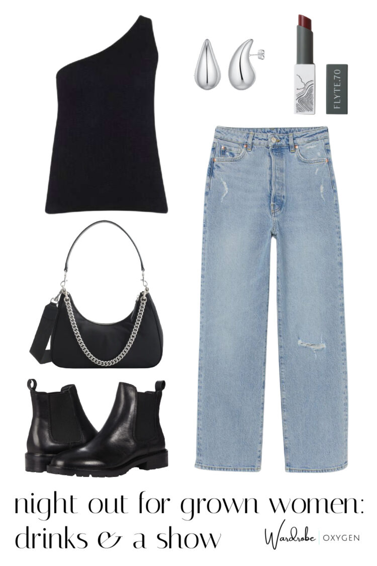 collage of a night out outfit for women over 40 featuring a black going out top and distressed jeans for a concert