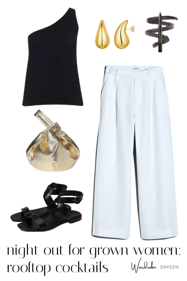 collage of an outfit appropriate for a woman over 40 to wear for a cocktail party featuring a black going out top and gold accessories