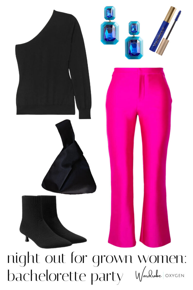 a sample outfit of what a woman over 40 could wear to a bachelorette party featuring Good American pink bootcut pants and a black one shoulder sweater.