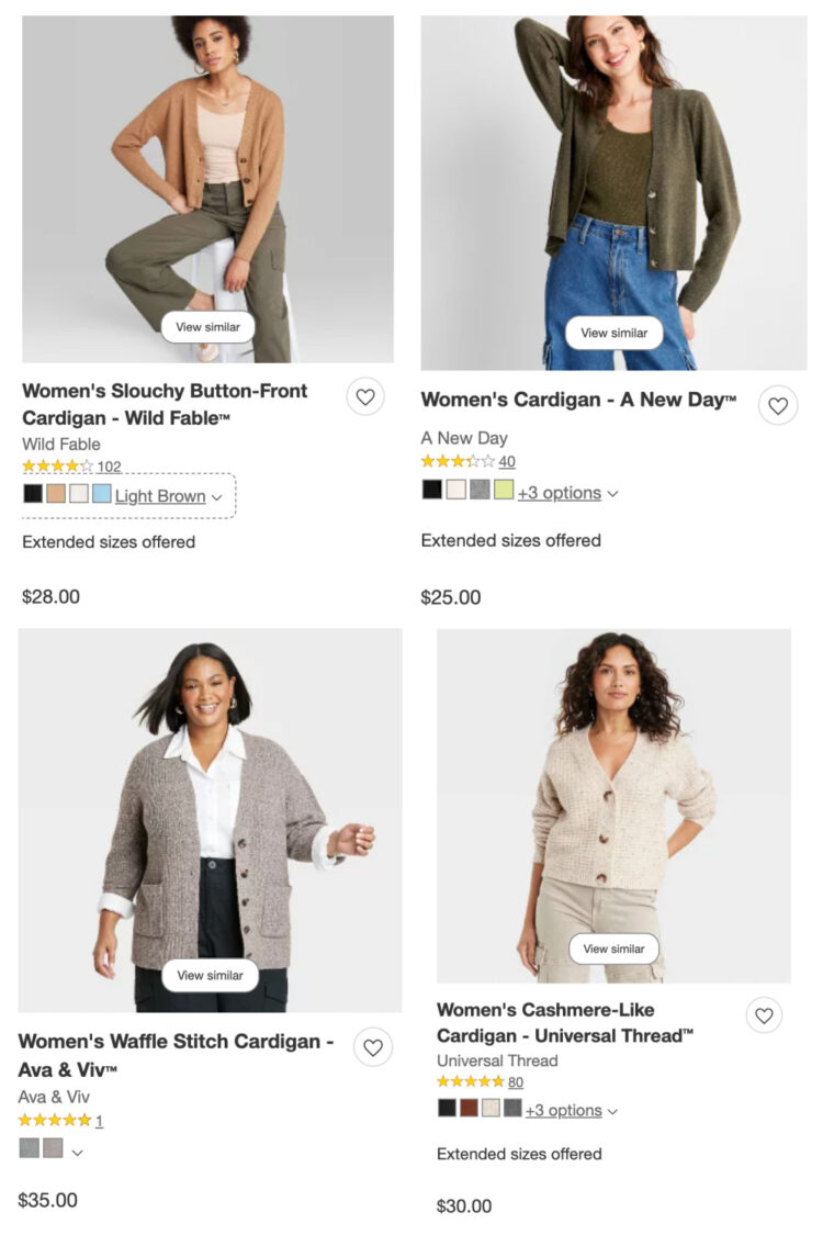collage of four v-neck cardigans available at Target for Fall 2023