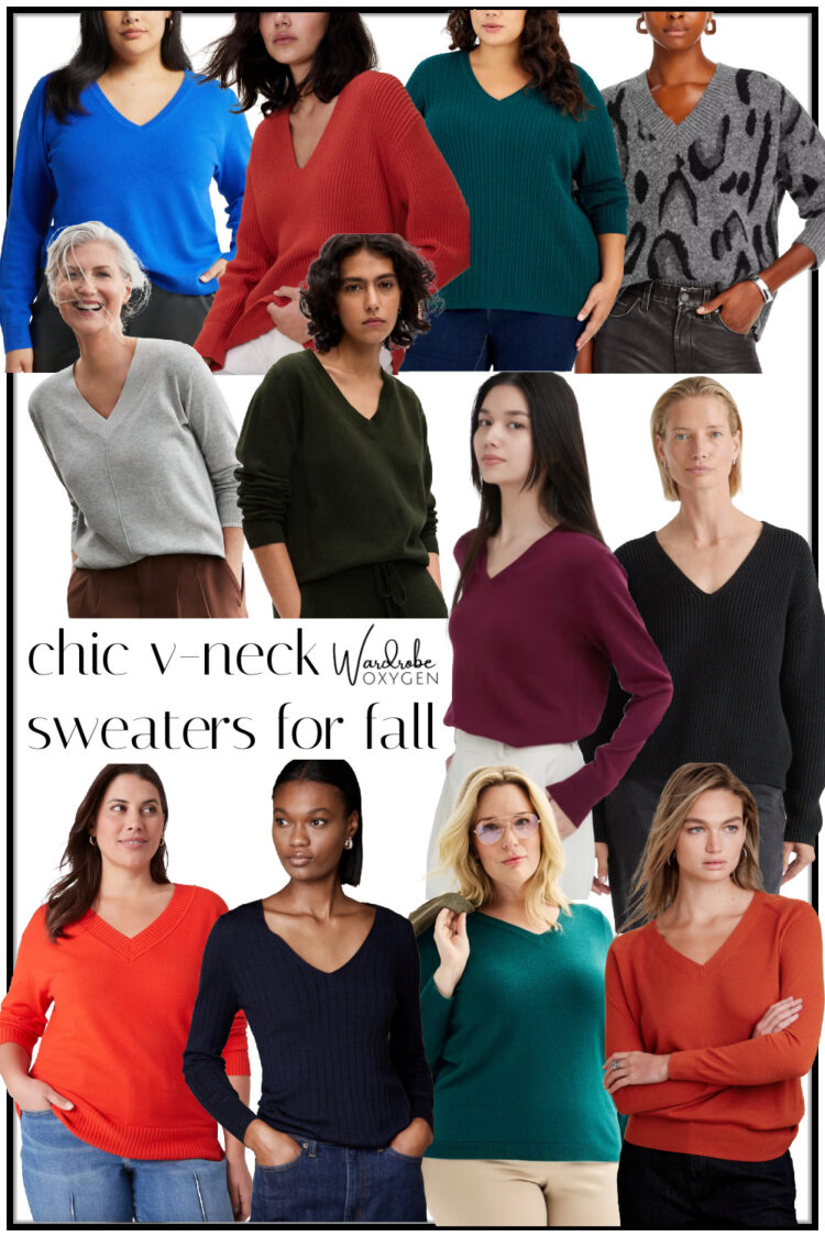 collage of the best v-neck sweaters for fall 2023 featuring solid colored sweaters in a range of textiles in misses and plus size options