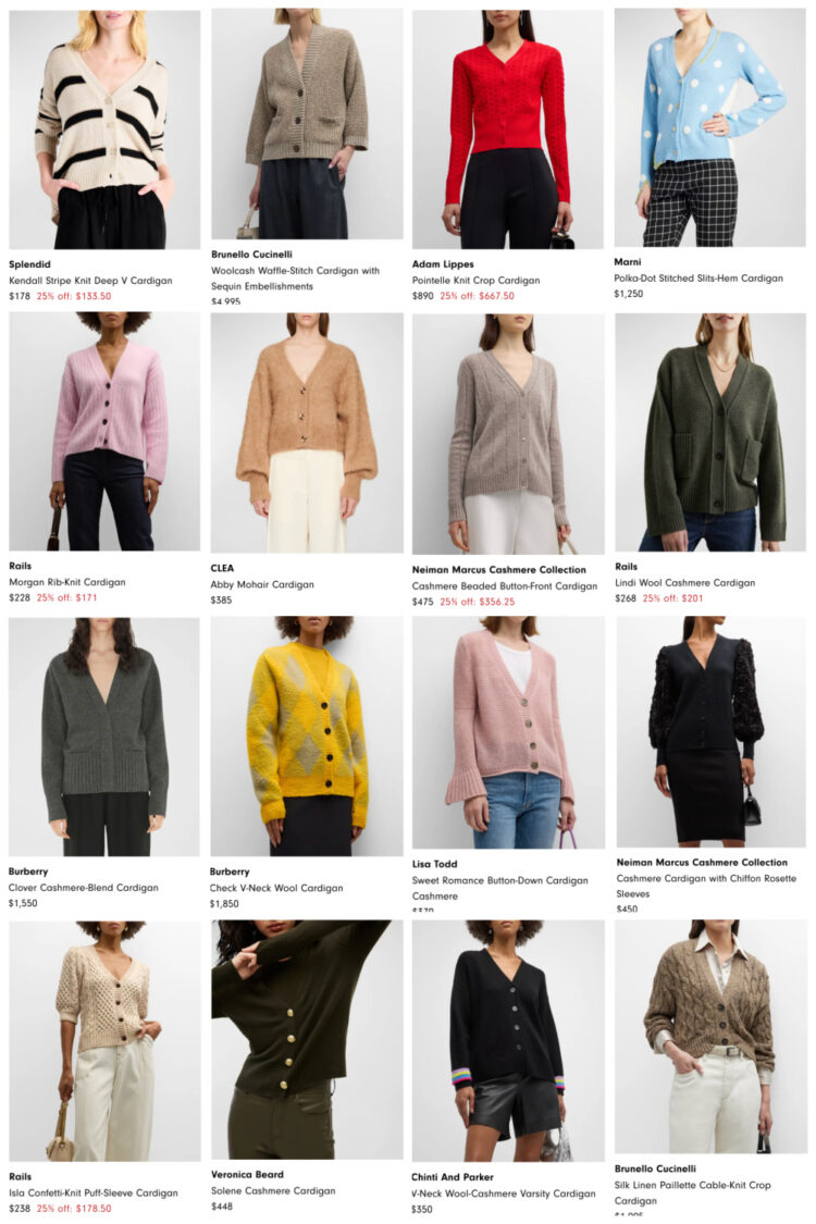 a collage of v-neck cardigans available at Neiman Marcus for Fall 2023