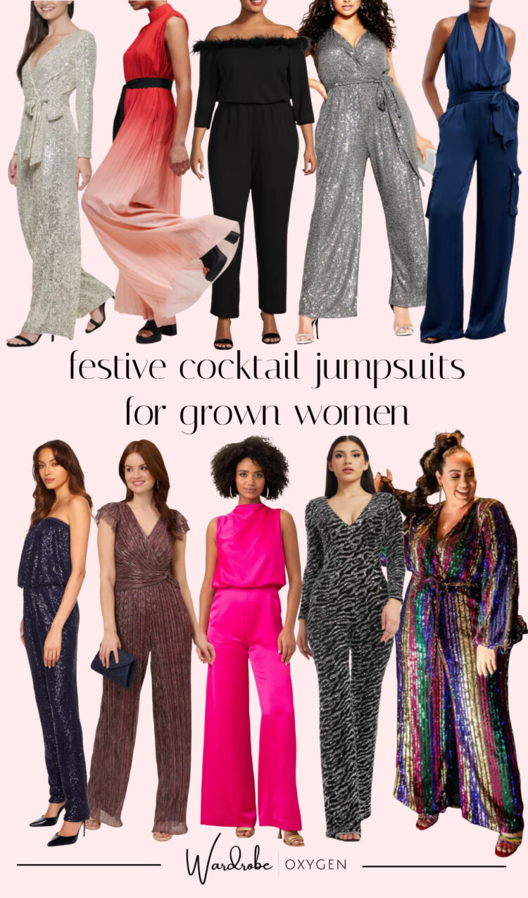 festive cocktail jumpsuits with sequins and shine in designs great for grown women over 40