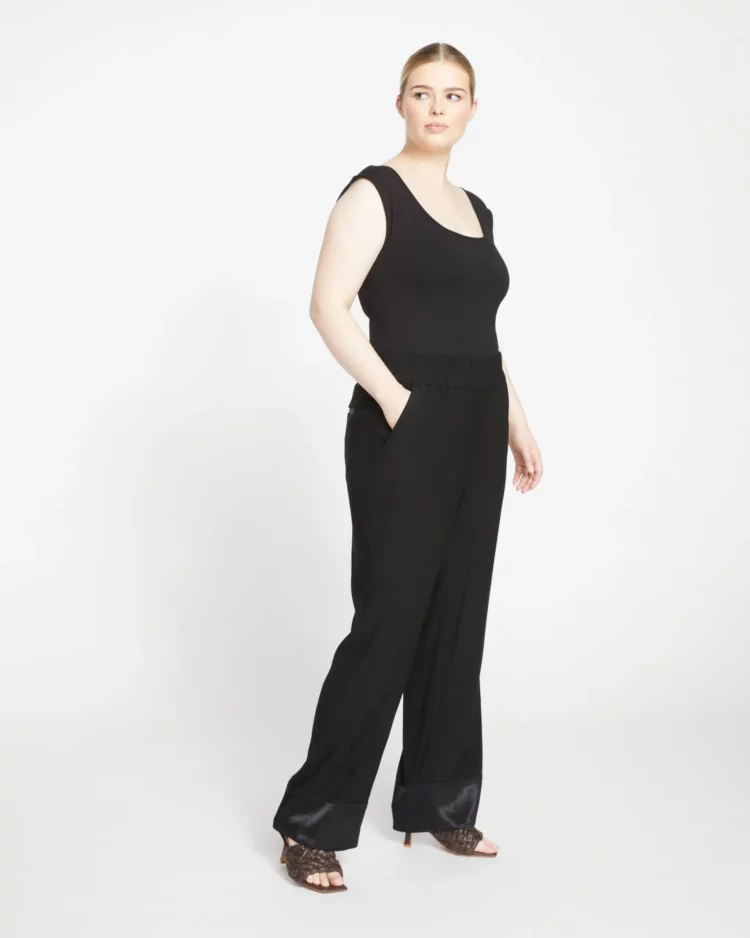 The Universal Standard Marina Double Luxe Pull-On Pants in the color Black/Black Shine