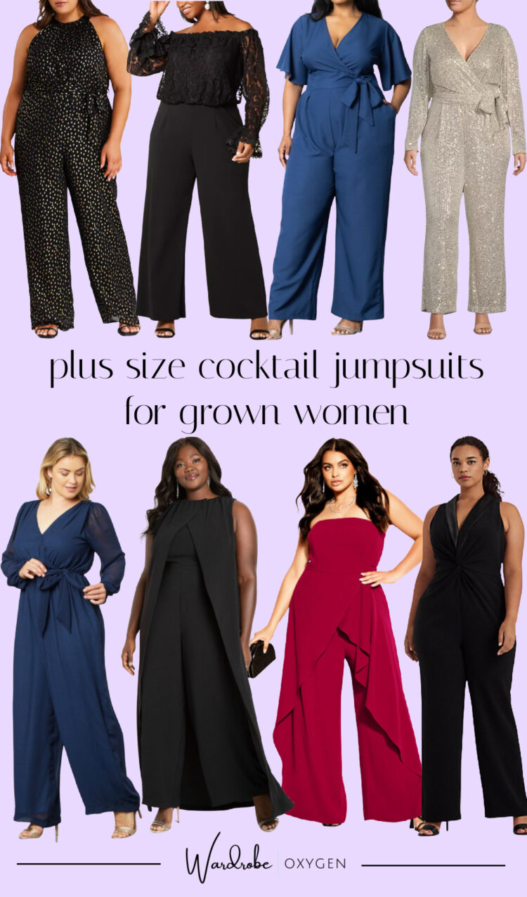 plus size cocktail jumpsuits for women over 40 featuring 9 different styles in dressy fabrics like sequins, crepe, lace, and foil dot.