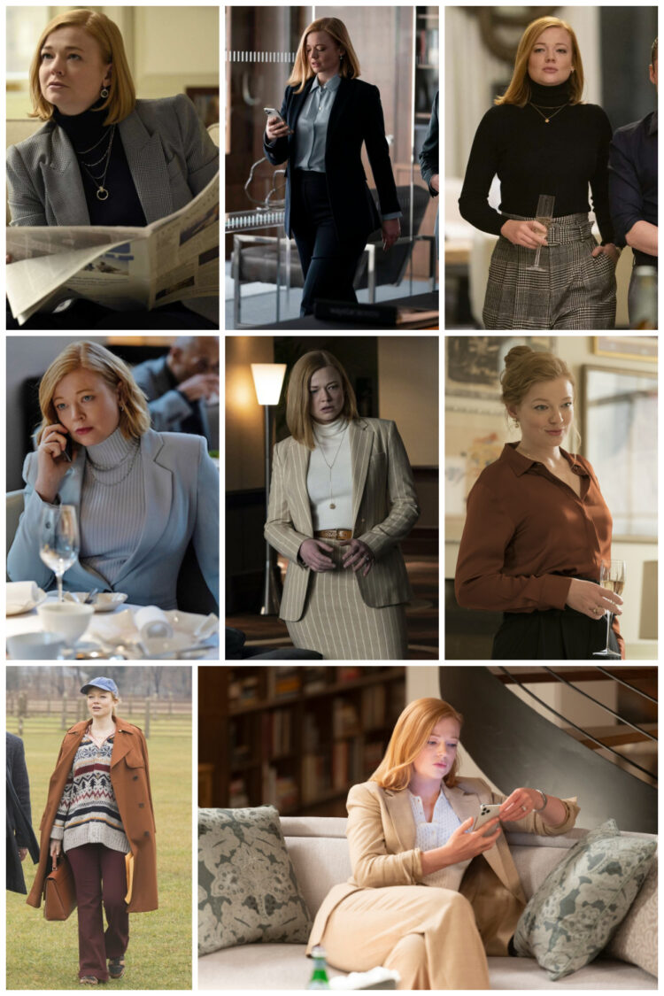 Photos of the character Shiv Roy in the HBO series, Succession. This character's wardrobe is often mentioned when discussing the Quiet Luxury trend.