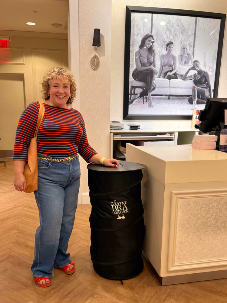 Alison of Wardrobe Oxygen with the Soma bra donation bin at her local Soma boutique