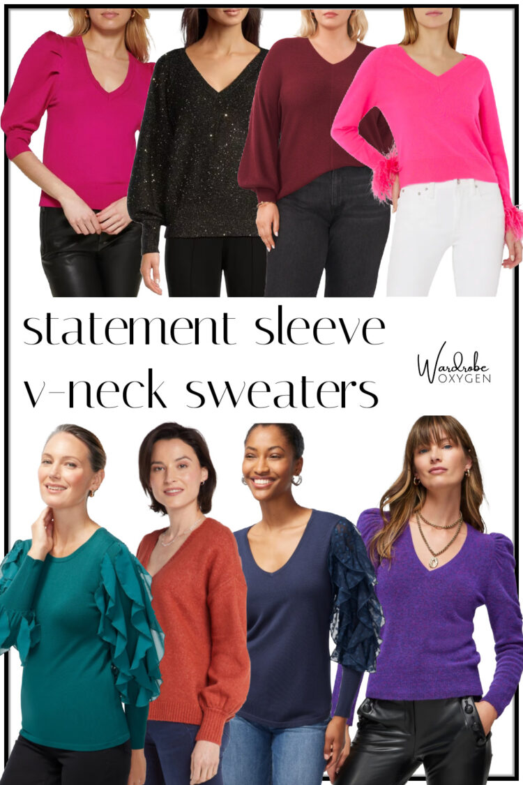 collage of the best v-neck sweaters for women with statement sleeves, a hot trend for 2023