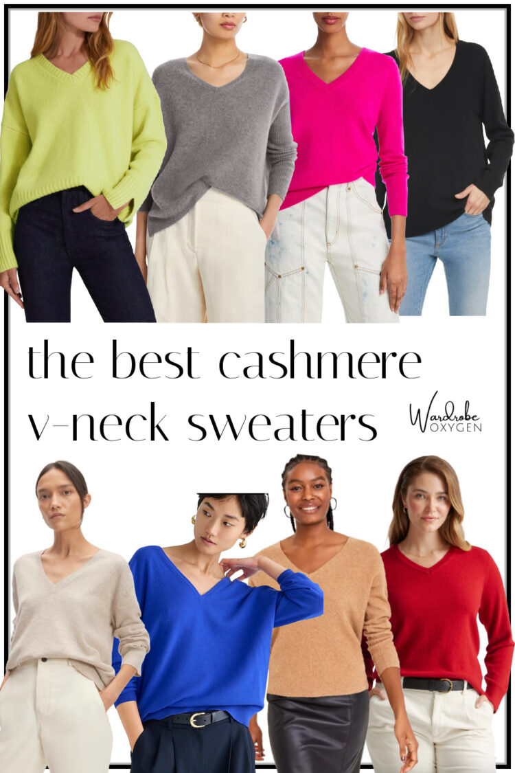 collage featuring the best cashmere v-neck sweaters for women in misses, petite, and plus size options