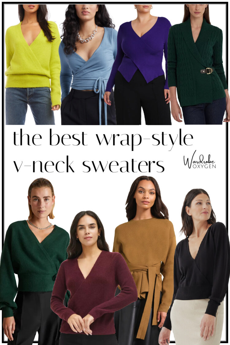 collage of the best wrap style sweaters a hot fashion trend for fall 2023 for women over 40