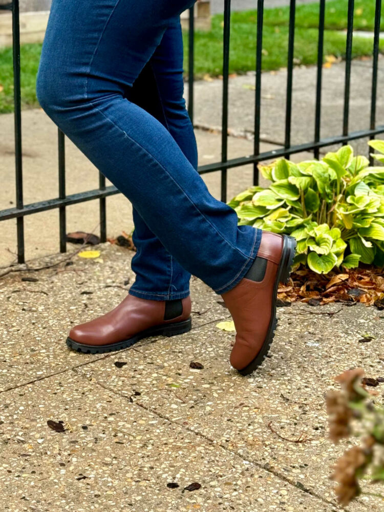 The On Tread Chelsea Boot in Redwood by Poppy Barley as seen on Wardrobe Oxygen reviewer Kristin
