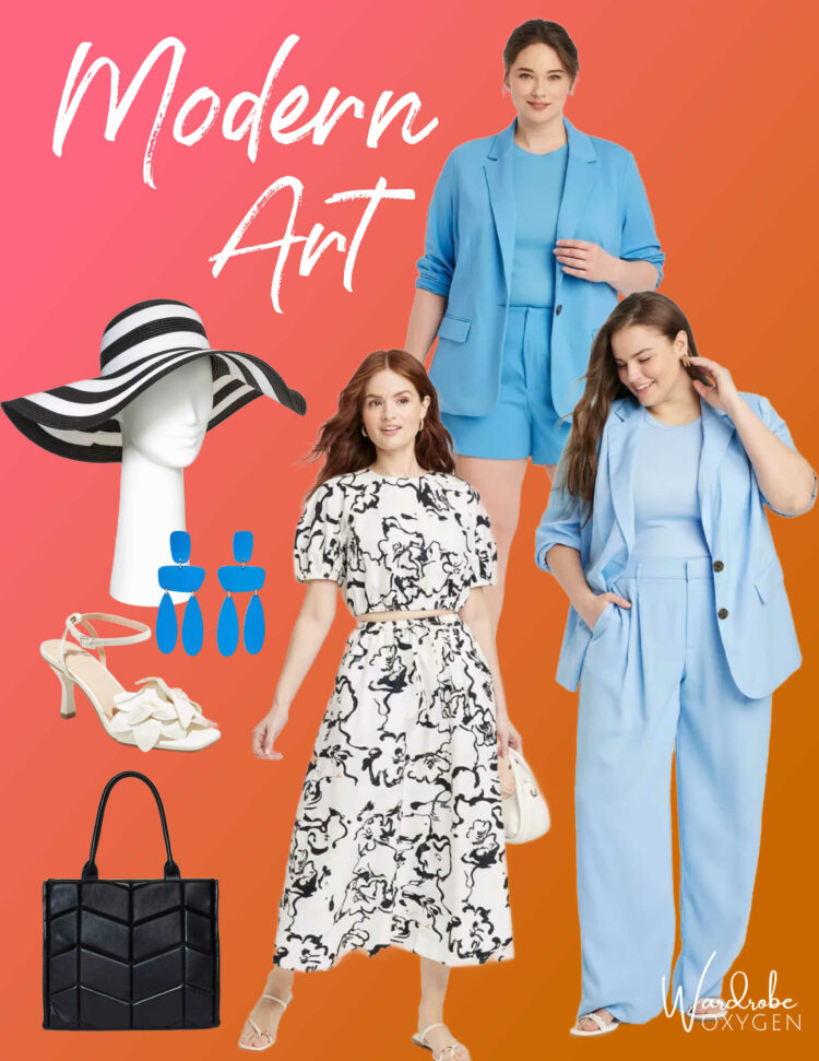 A collage of fashion from Target featuring a cerulean blue ponte blazer and matching shorts, a sky blue satin pantsuit, a white and black swirl print top and skirt, black quilted tote, white heels with a flower detail, blue modern chandelier earrings, and a black and white packable straw hat.