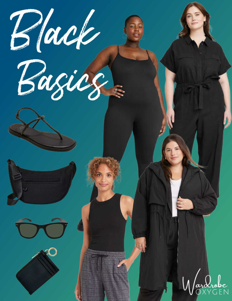 a collage of black apparel and accessories from Target 2024 that would prove beneficial to the wardrobe of a woman over 40