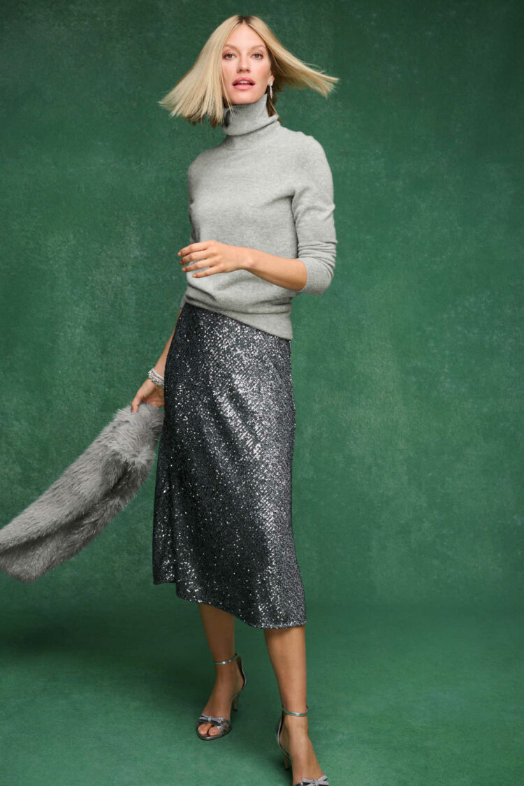 talbots cashmere turtleneck with a sparkly gray talbots skirt