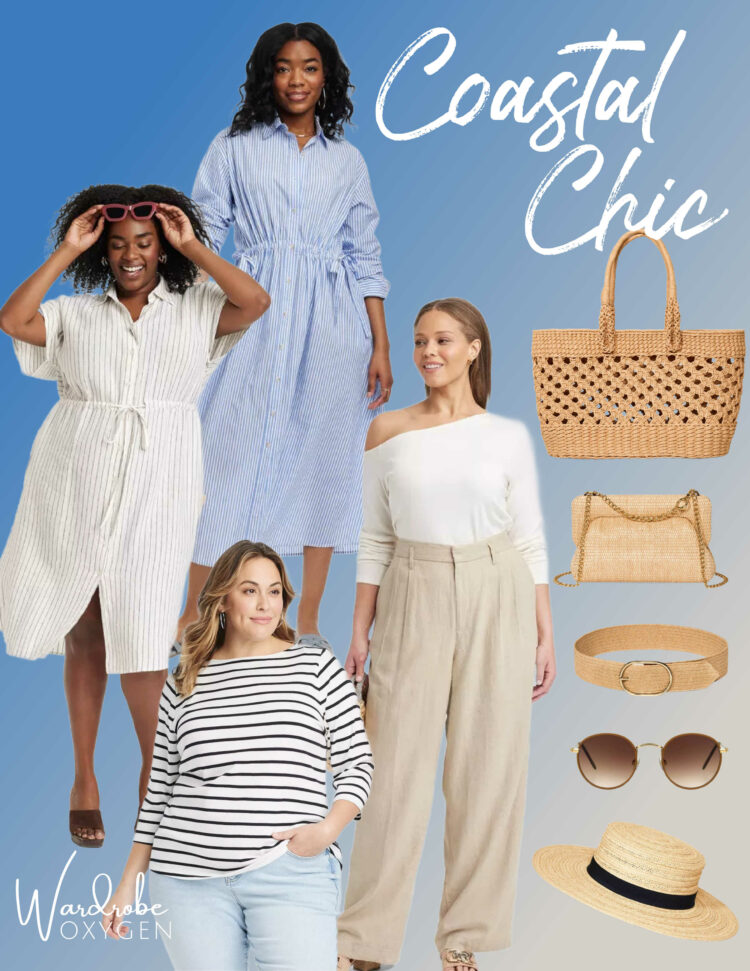 collage of tan, white, and blue fashion and straw accessories from Target Spring 2024. Picks specifically for women over 40 in a range of sizes.