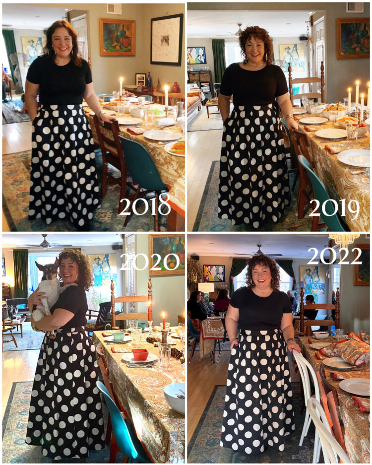 Alison in a black and white Talbots polka dot ball skirt. The collage shows her wearing this skirt with the same black fitted t-shirt over four different Thanksgivings, standing in the same place in her dining room where she hosts the holiday