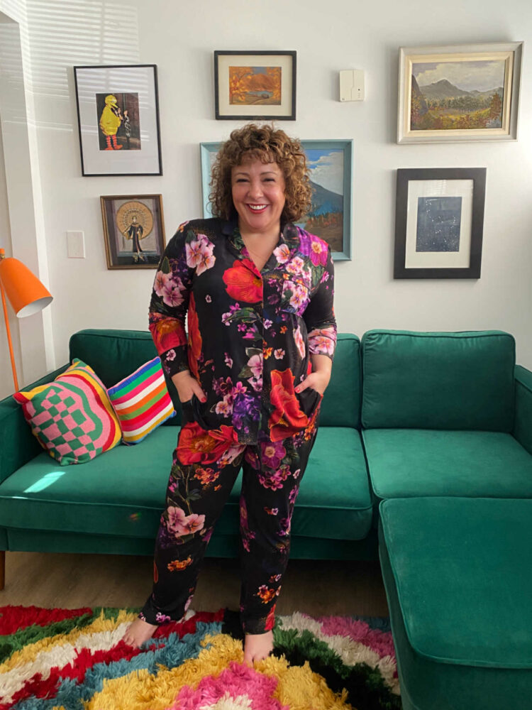 Alison of Wardrobe Oxygen in SOma Cool Nights Pajamas in the print Drama Blooms
