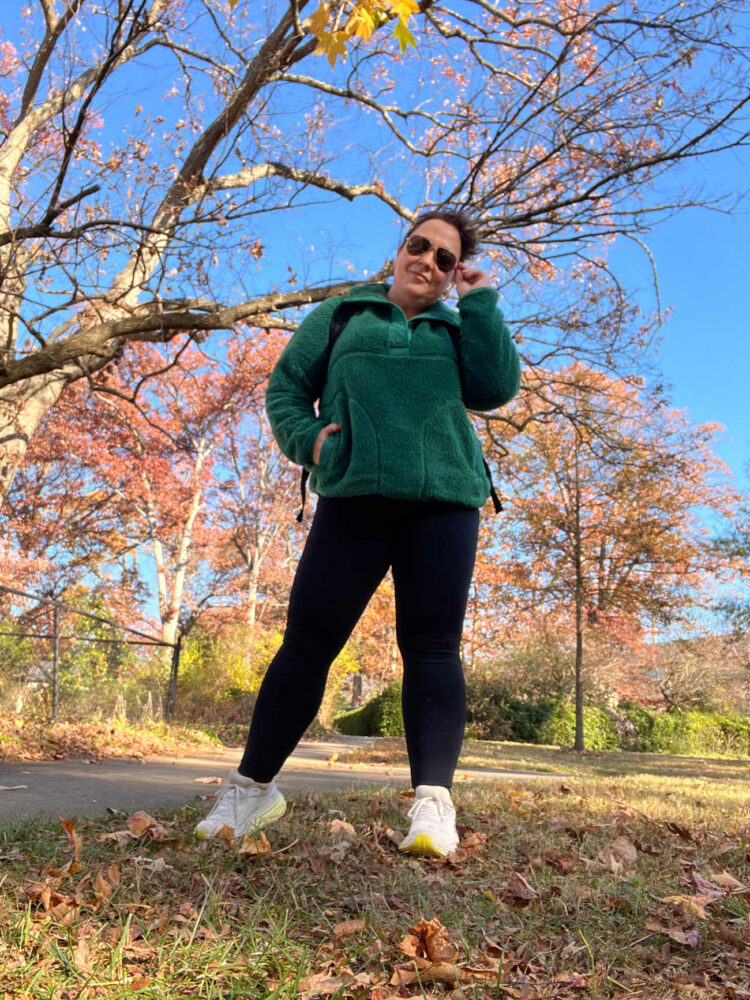 Alison in a green sherpa fleece from L.L.Bean and Soma leggings