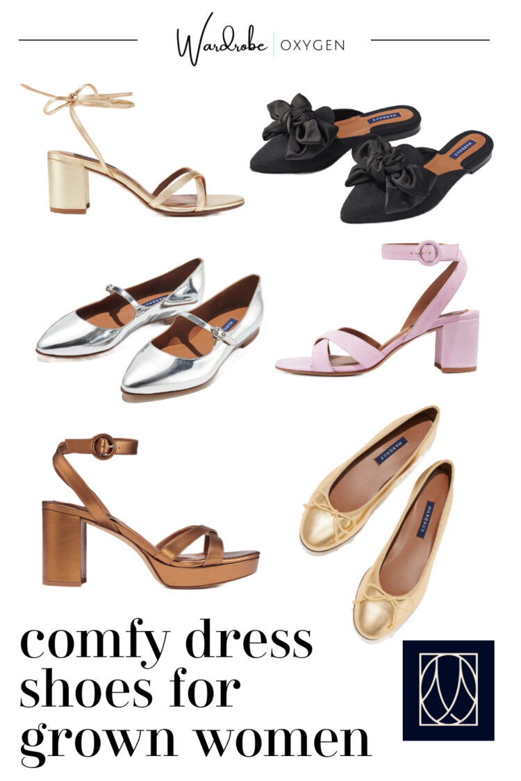 A collage of comfy dress shoes for grown women from the elevated shoe brand Margaux