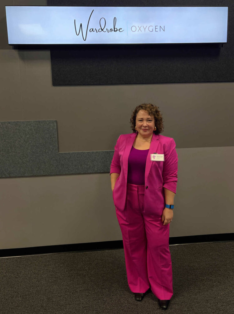 Alison in a pink pantsuit from Ann Taylor and berry colored shell from Chico's at the Junior Achievement Leading Ladies event in Baltimore in November 2023