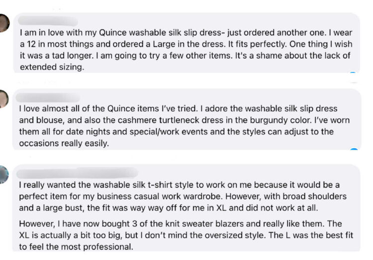 Honest Quince clothing reviews from real customers who are part of the Wardrobe Oxygen community. The reviews say that the quince washable silk slip dress is great but some of the silk t-shirts run narrow.