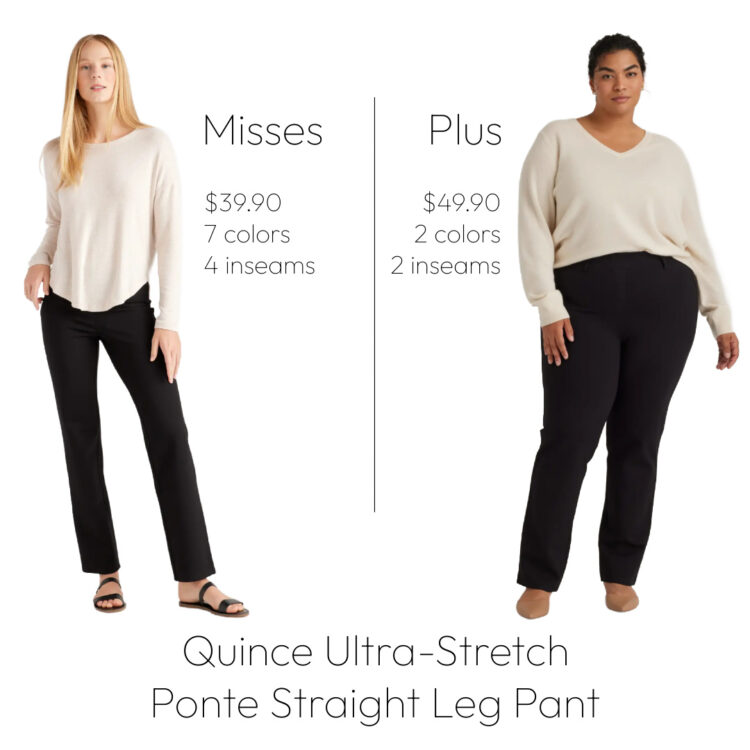 the quince ultra-stretch ponte straught leg pant seen on a misses model and a plus model. The Misses option is $39.50, available in 7 colors and 4 inseams. The Plus version is $49.90 and only comes in 2 colors and 2 inseams.