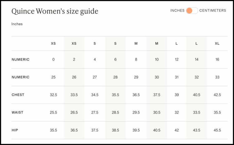 The Quince Women's size guide. It shows that Quince offers clothing in sizes XS through XL which translates to numeric sizes 0 through 16. Size 0 has a 25.5" waist and 35.5" hip and size XL which is a 16 has a 35.5" waist and 45.5" hip.