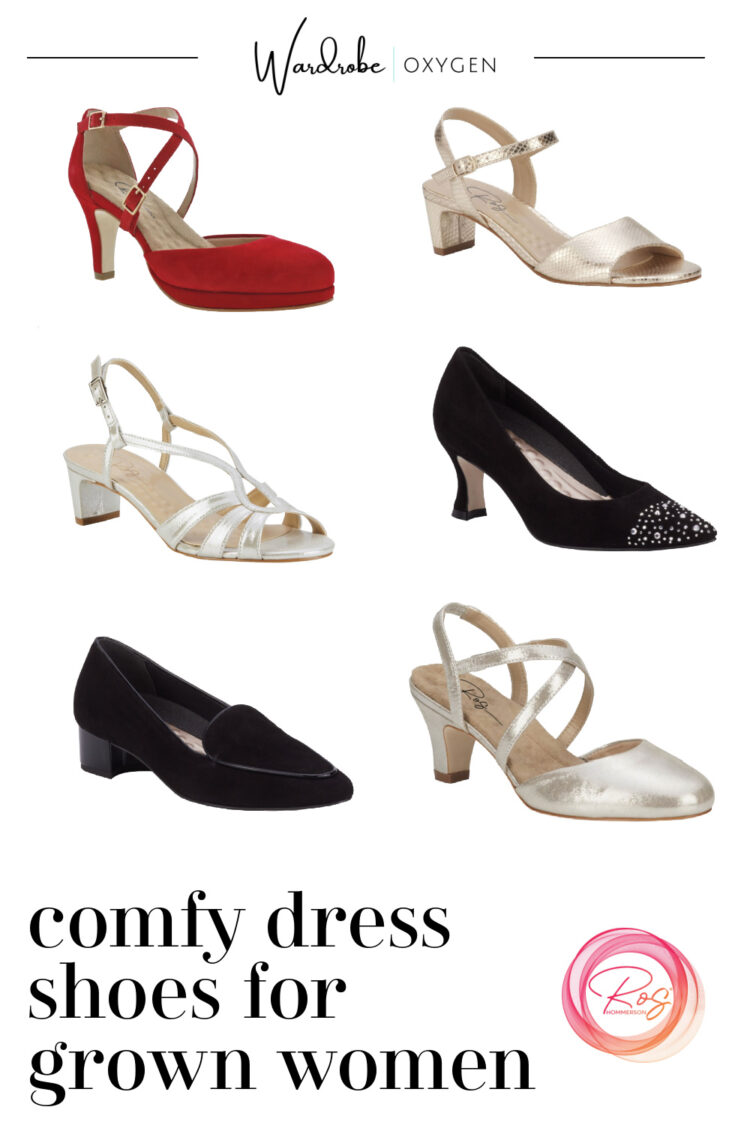 collage of comfy dress shoes for grown women via the multi width comfort shoe brand Ros Hommerson