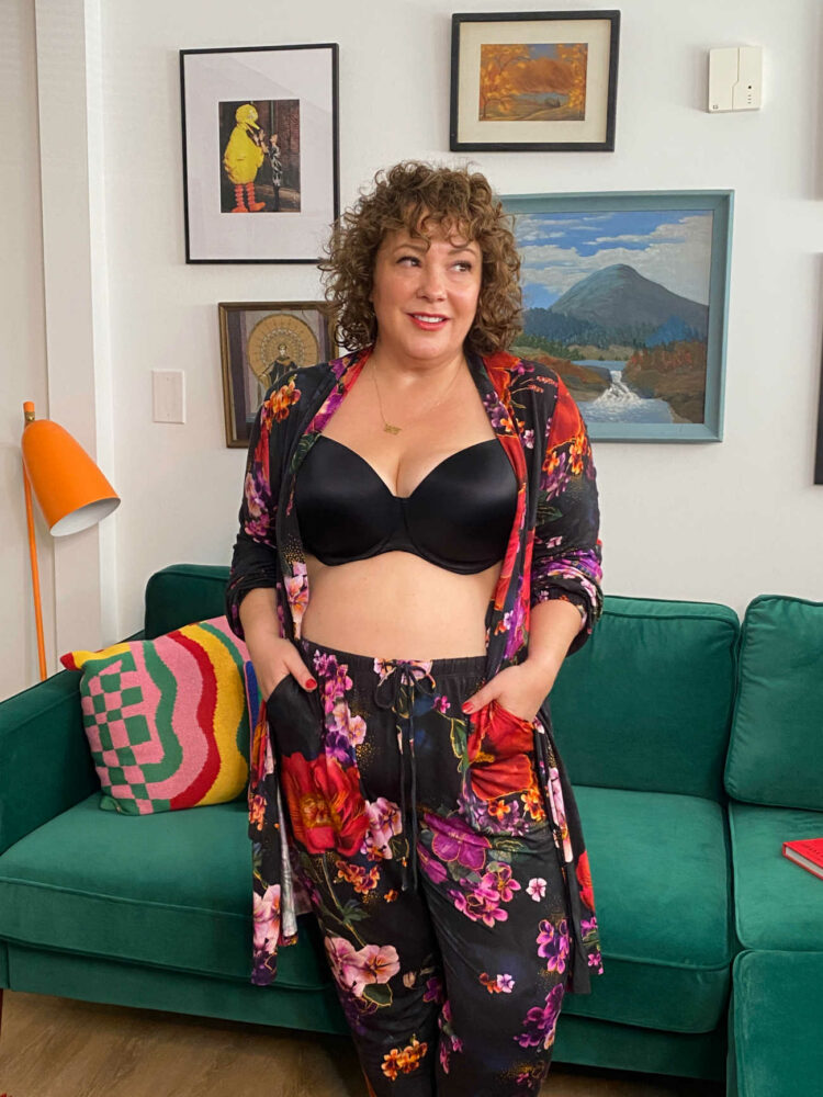 Alison of Wardrobe Oxygen in Soma Cool Nights Robe and Pajama Pants with a black satin bra