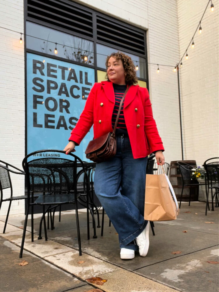 Alison in a red wool peacoat from Talbots with a Target breton sweater and Lands' End wide leg jeans
